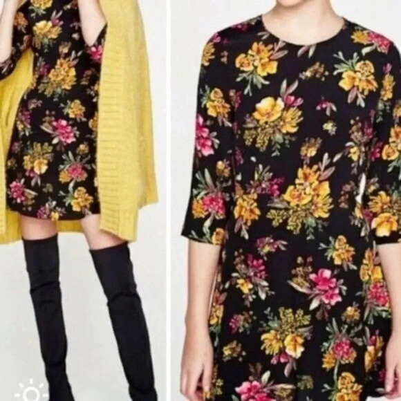 Zara Floral Print Mini 3/4 Sleeve Fit & Flare Dress XS - Picture 1 of 8